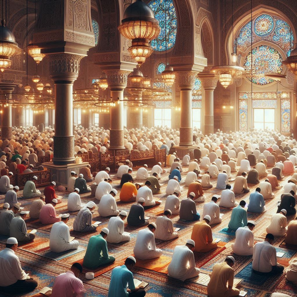 A bustling prayer hall (surau