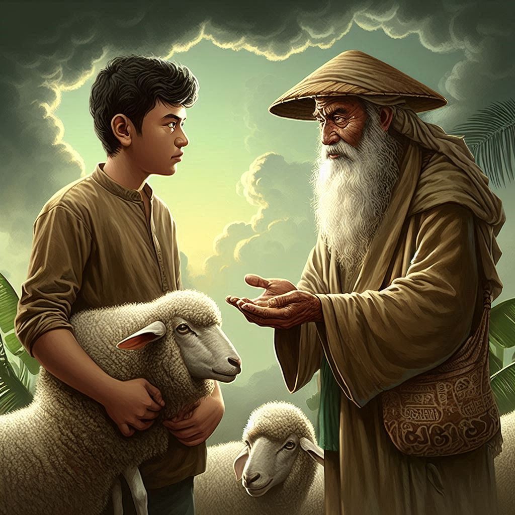 A faithful shepherd and a person inviting him to betray the owner of the sheep, but the shepherd does not know. Title_ Sepi Tapi Ramai (A Javanese Expression of Wisdom