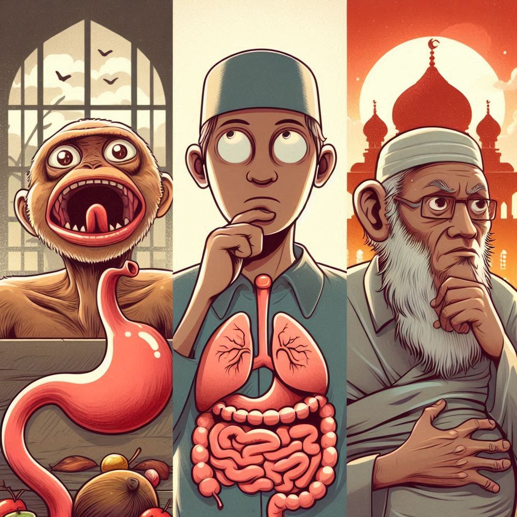 A hungry stomach, a mouth, a wise monkey, and an adult Muslim in Indonesia contemplating
