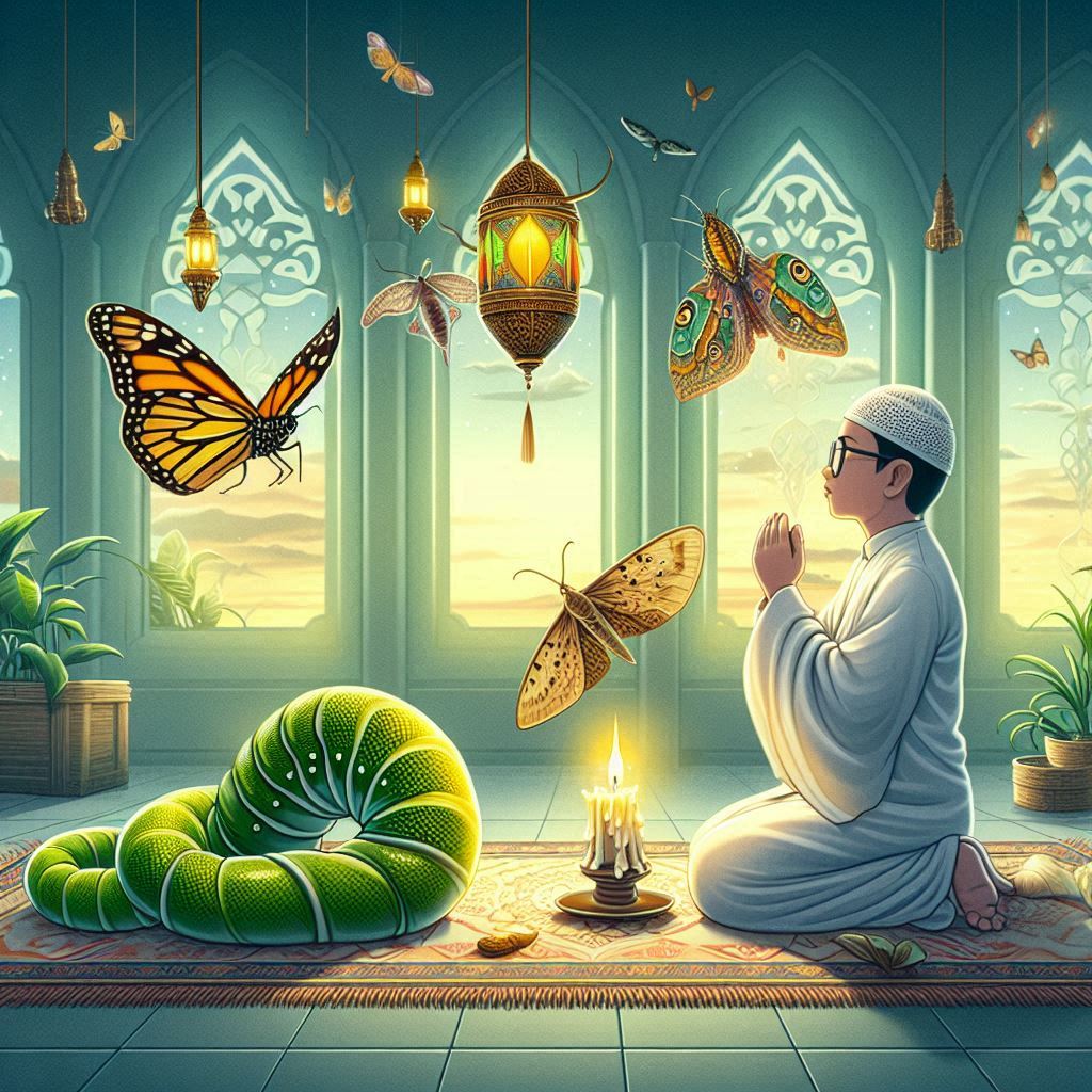 A scene in a mosque with a snake, a chrysalis, and an Indonesian Muslim person fasting (without holding a candle (1)