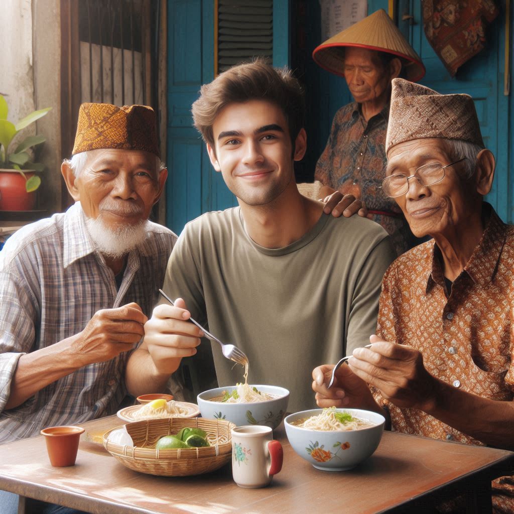 A simple warung in Surabaya or Malang, Indonesia, with a young man and two men aged 55 enjoying their meal with traditional Indonesian utensils