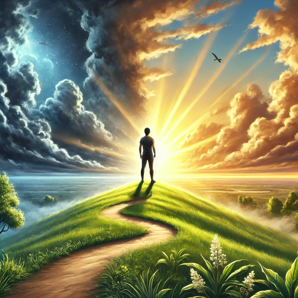 DALL·E 2025-02-06 07.56.04 - A realistic painting depicting a serene individual standing on a hill, looking towards a bright sunrise with a calm and thoughtful expression. The sur