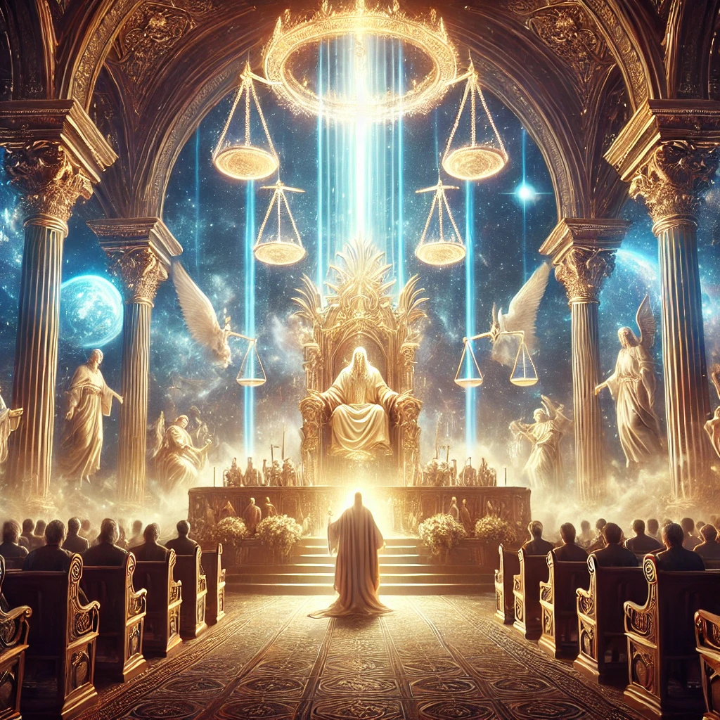 DALL·E 2025-02-06 20.15.08 - A divine courtroom scene inspired by the Psalms of Judgment. A majestic, radiant throne sits at the center, where a divine figure presides as the ulti