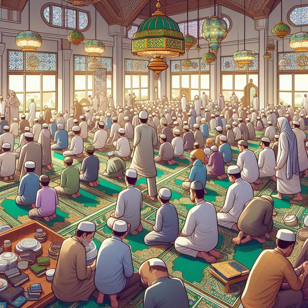 Illustration of a bustling prayer hall (surau