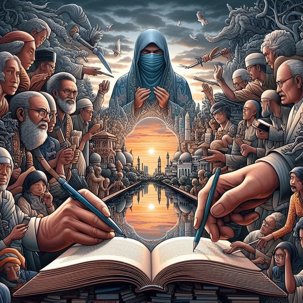 Illustration of a critical poem with the theme of dissecting words, reflecting on the power of literature, and the beauty of art despite criticism, set in Surabaya, Indonesia