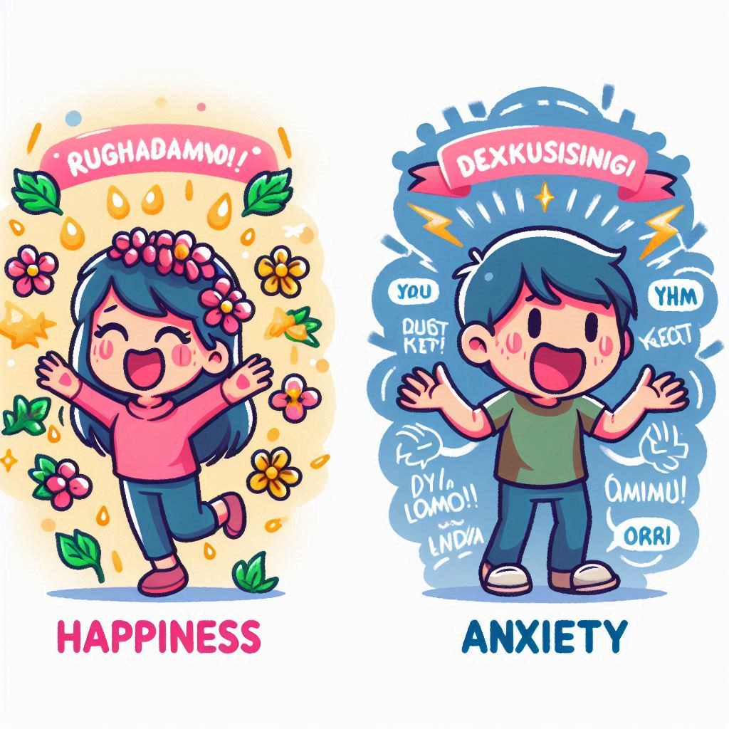 Illustration of happiness and anxiety in Indonesian and English