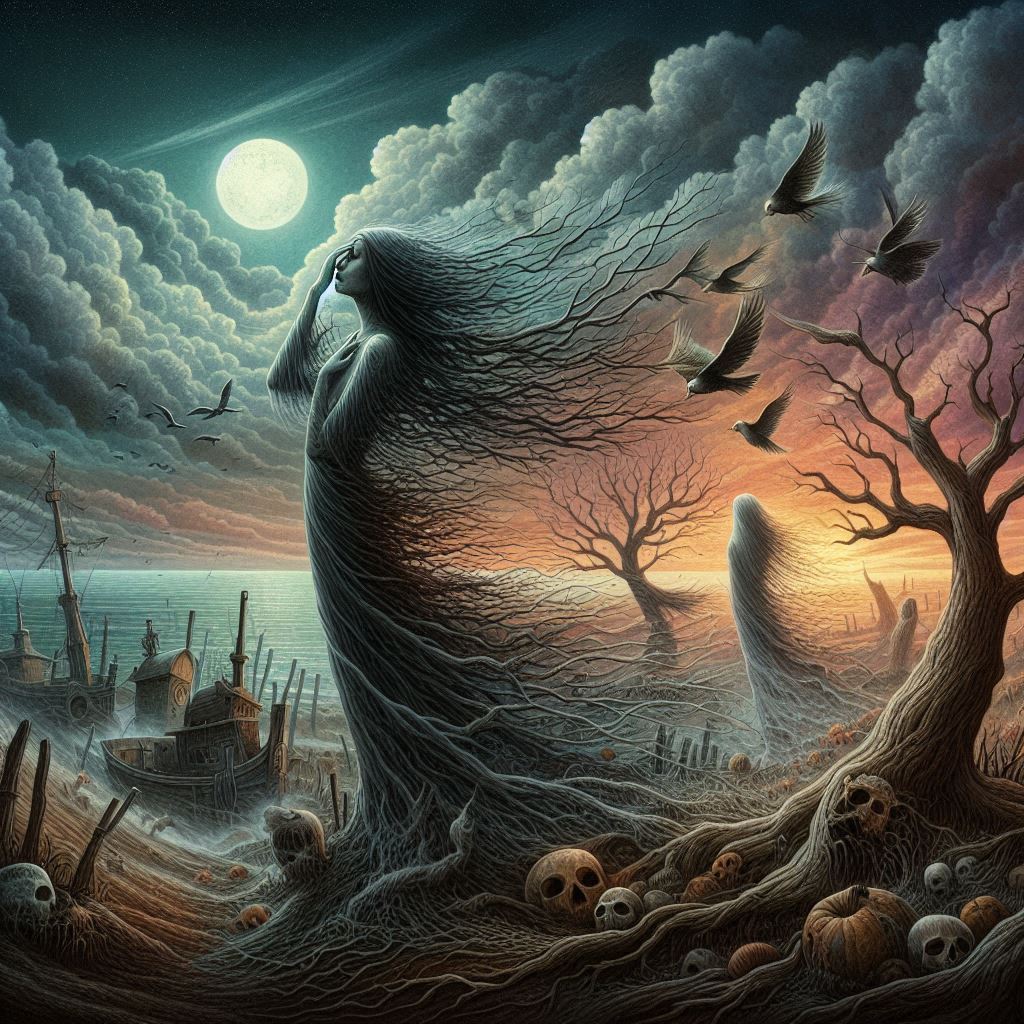 A hauntingly poetic illustration inspired by the refined poem 'Confession', depicting themes of sorrow, decay, and longing, with a surreal and emotional atmosphere, set in Indonesia