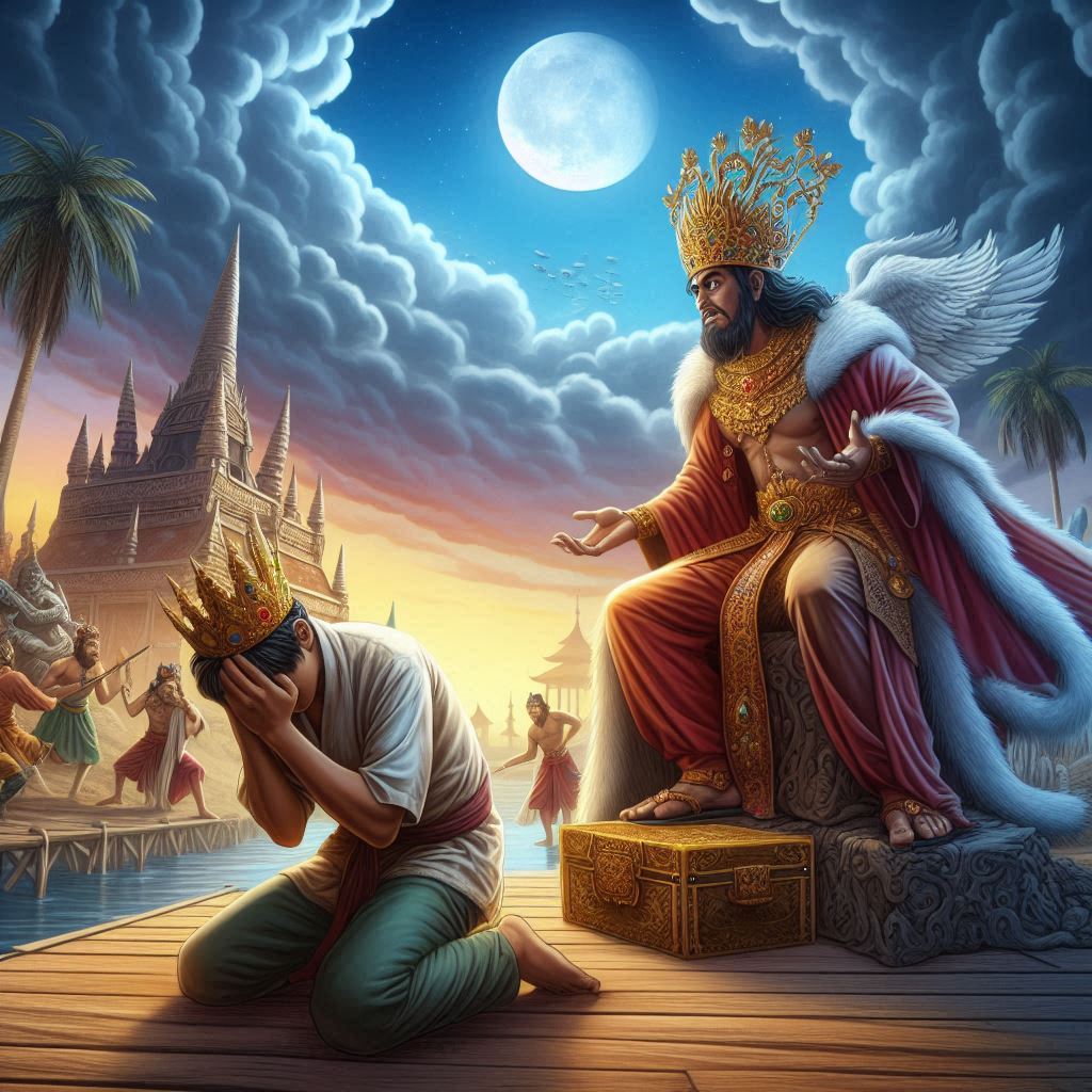 A king and a person who is afraid of becoming a king or refuses to be crowned, set in Indonesia