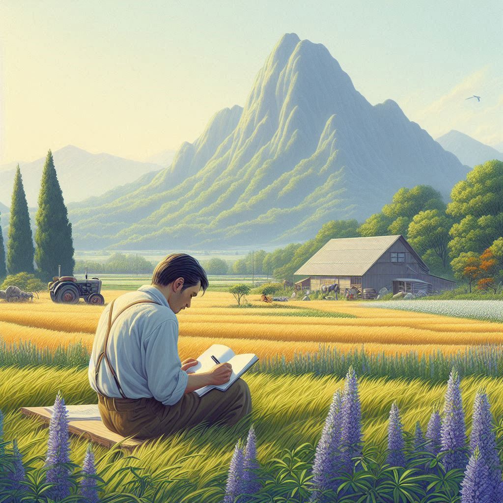 A man in a vast field in front of a garden and behind a mountain, writing and reading