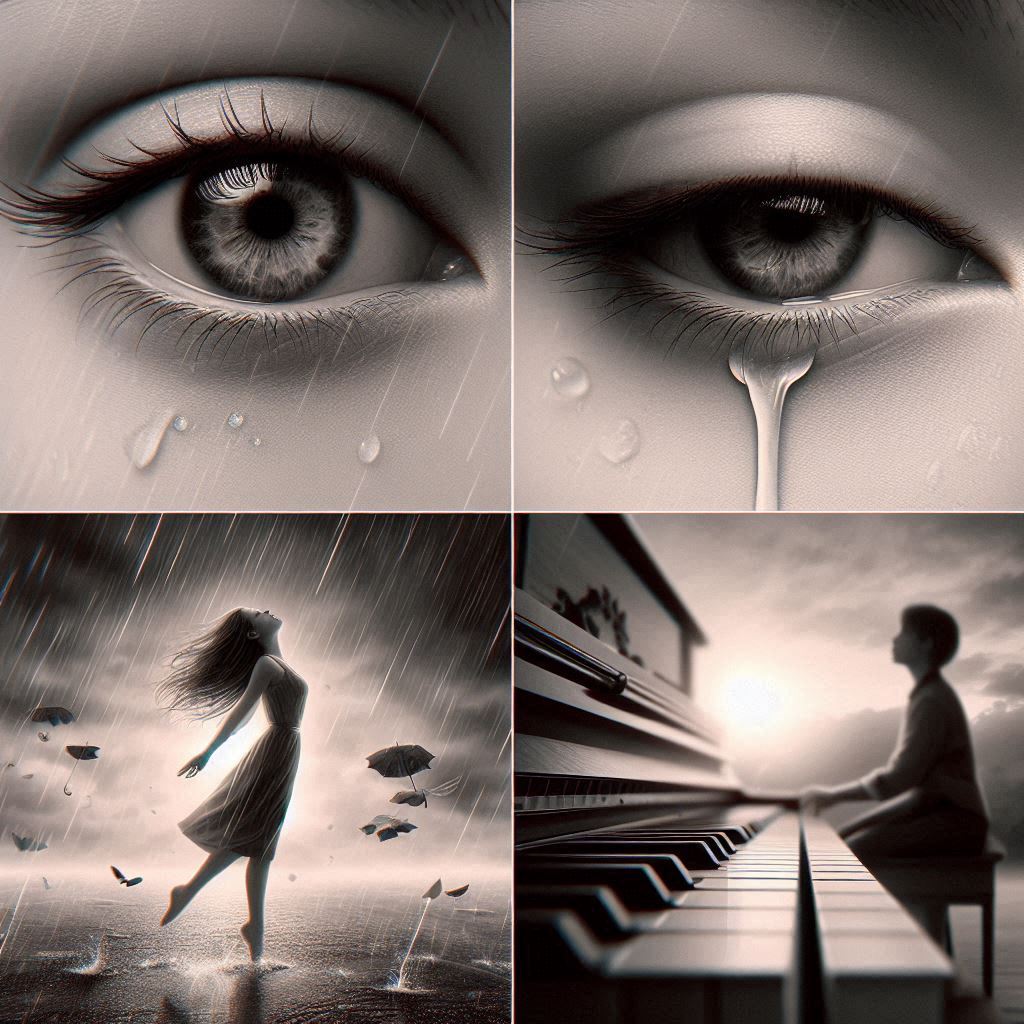 A pair of closed eyes, tears, a piano, and someone dancing under a cloudy sky