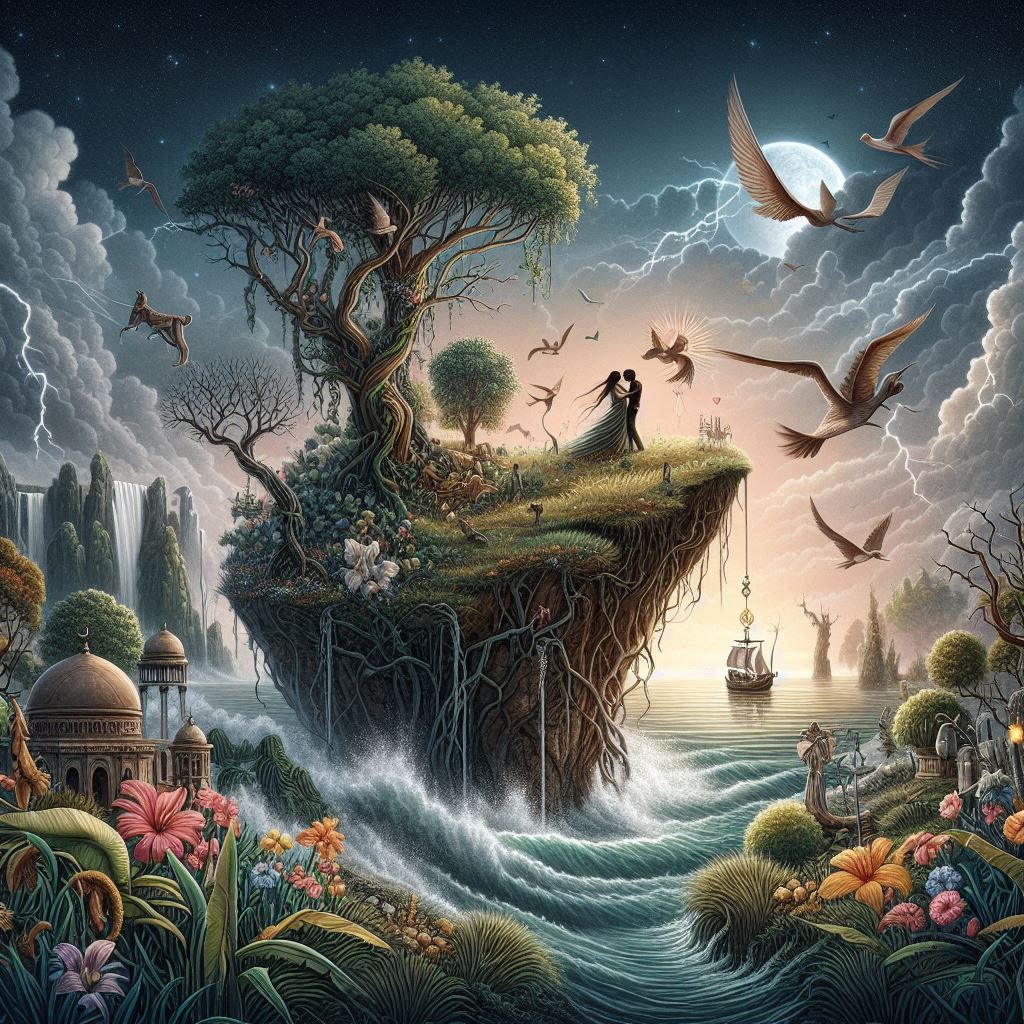 A poetic and emotional illustration inspired by the poem 'Kerinduan Tak Berujung', depicting themes of longing, nature, and timeless love, set in Indonesia