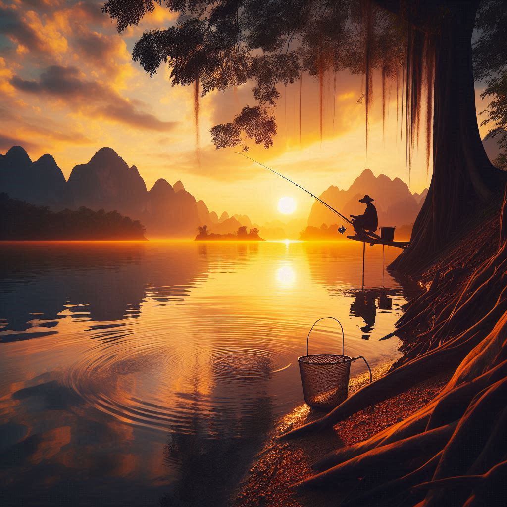 A serene fishing scene at sunset with a backdrop of a calm lake, symbolizing the tranquility and grandeur of nature.