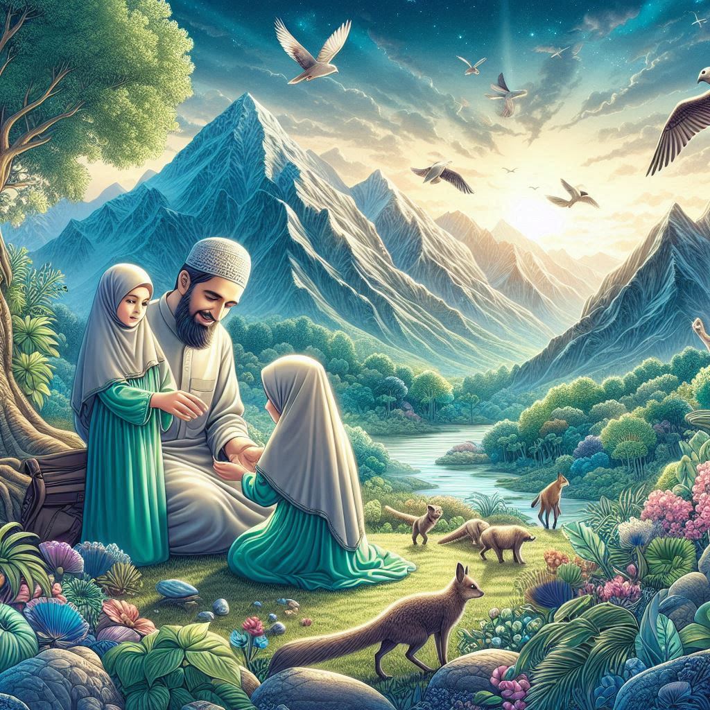 An artistic illustration depicting a father teaching his two daughters about the beauty of Allah's creations, including mountains, plants, and animals, set in a serene natural environment