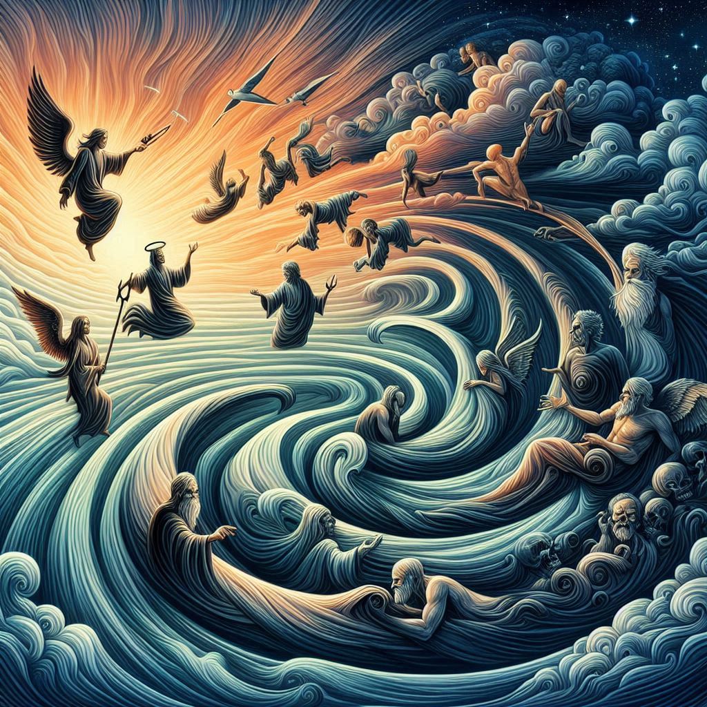 An artistic illustration depicting the concept of the Law of Eternal Actions, showing the ripple effects of good and bad deeds in a symbolic and thought-provoking manner