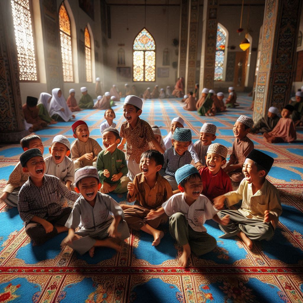 Berulang Nikmat, children playing and laughing in a mosque, all boys, in Surabaya, Indonesia