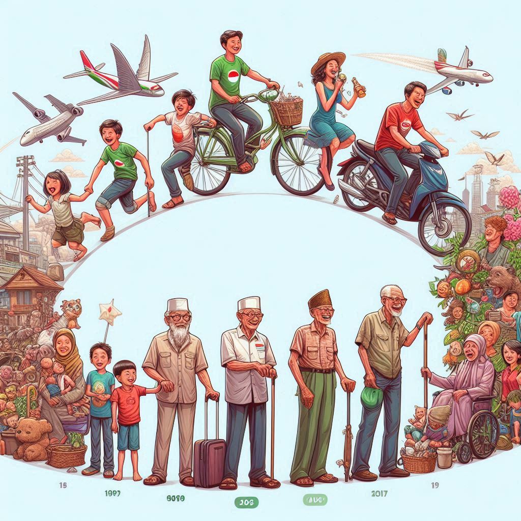 Empat Tahap Roda Kehidupan Manusia featuring people from Surabaya, Indonesia, depicting the stages of life from childhood to old age