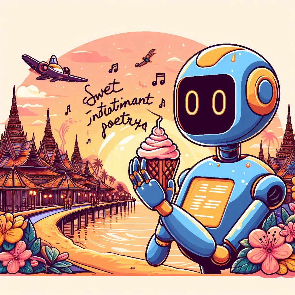Illustration of AI and Poetry with a sweet and intoxicating theme, featuring a location in Indonesia
