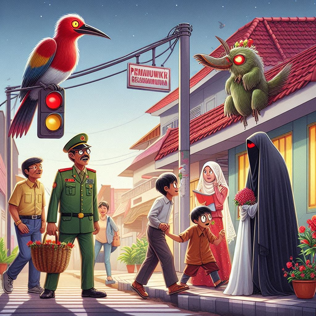 Illustration of a scene with a red-eyed bird, a pedestrian, a night guard, and a wedding promise in Indonesia