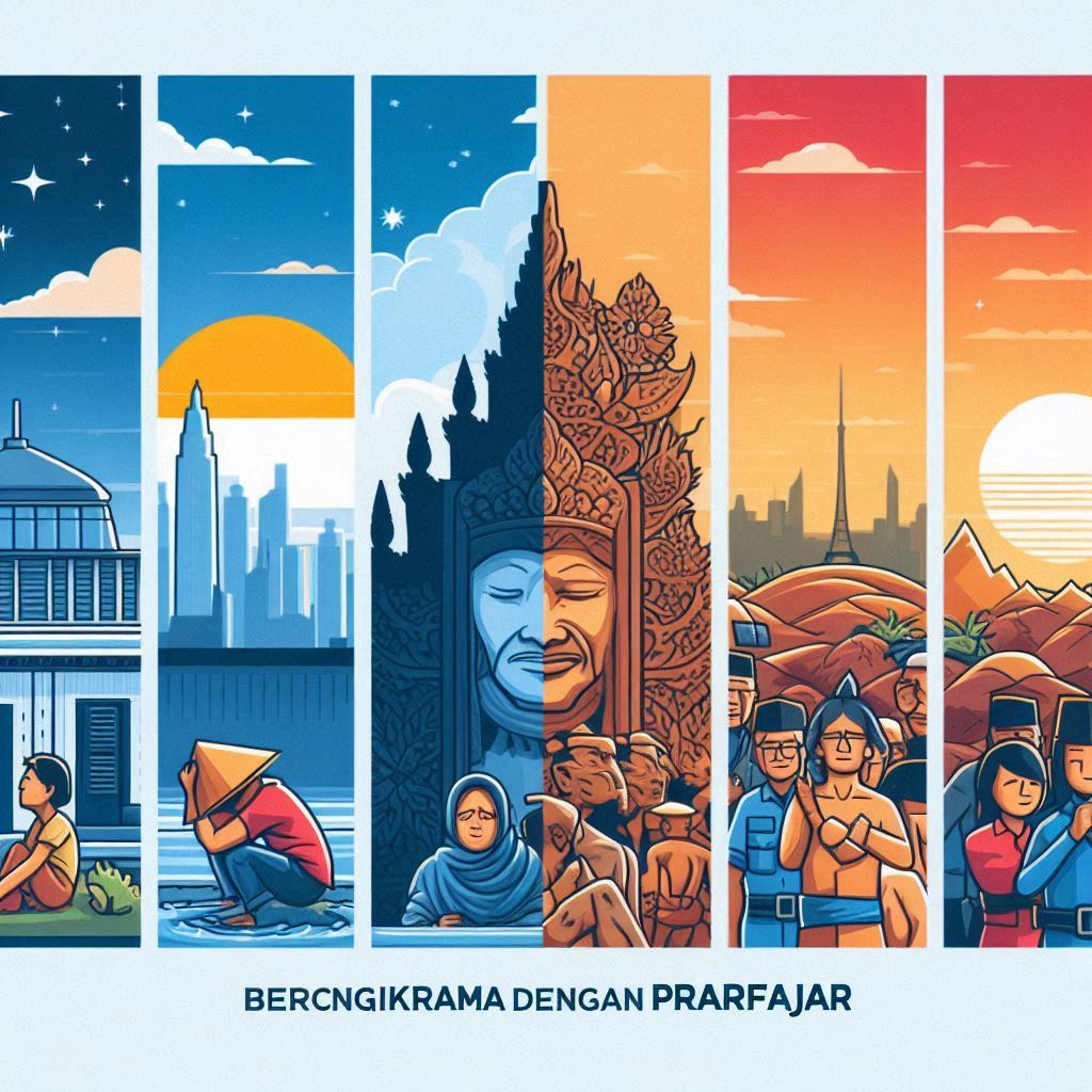 Illustration of people and locations in Indonesia reflecting the poem titled Bercengkrama dengan Prafajar, with a sunrise or pre-dawn setting, a smile, sadness, and strength