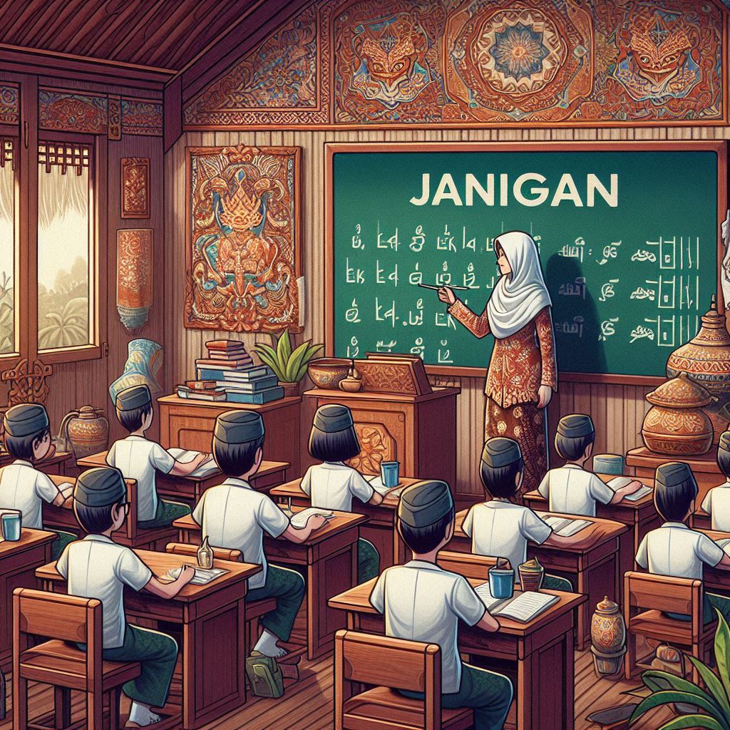 Indonesian classroom with a teacher writing Jangan on a chalkboard, students sitting at desks, cultural elements like batik patterns and traditional wooden carvings in the background