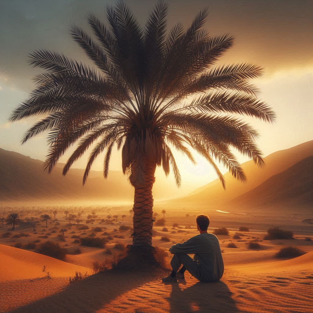 Kurma, a date palm tree in a desert with a person sitting under it enjoying the beauty of nature