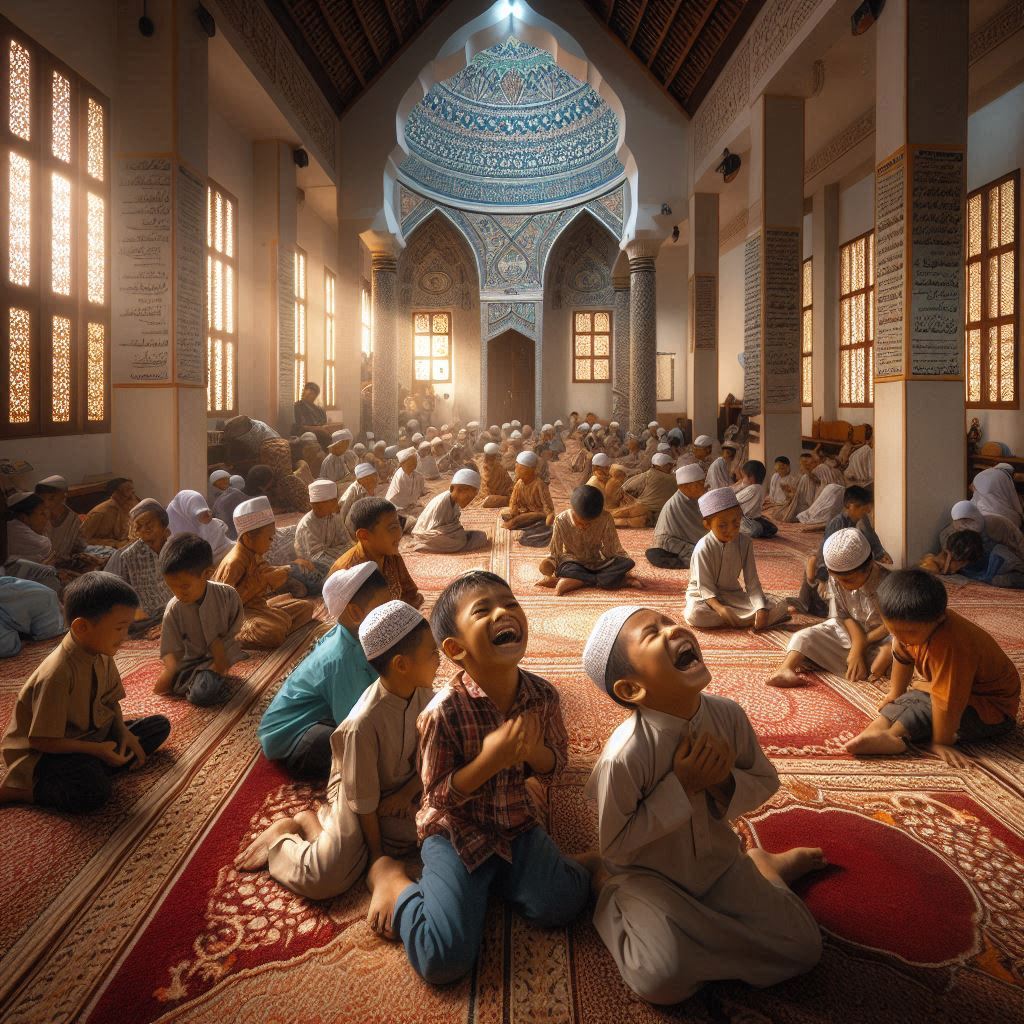 The Cry of a Small Prayer Room, children playing and laughing in a mosque, all boys, in Surabaya, Indonesia