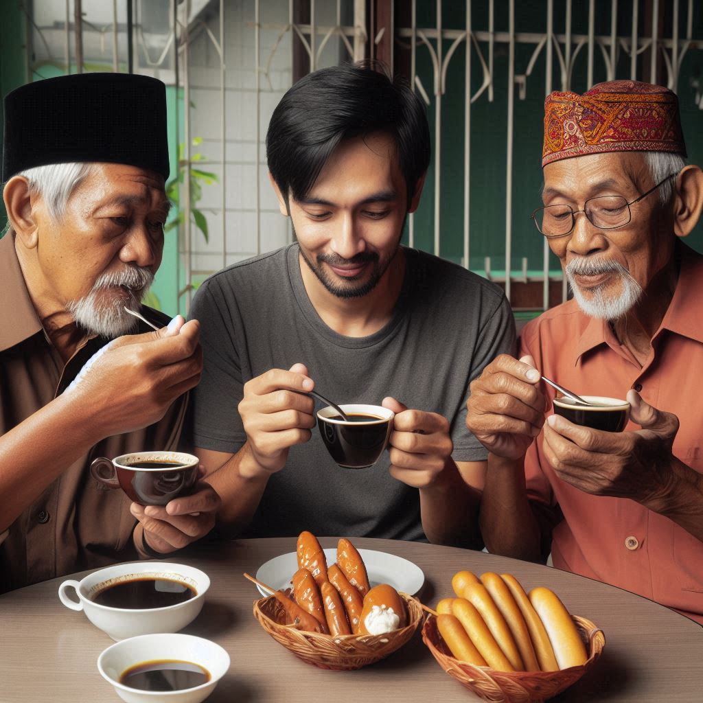 Three men eating small food with black coffee in Surabaya, Indonesia, one man is 50 years old and the other is 30 years old