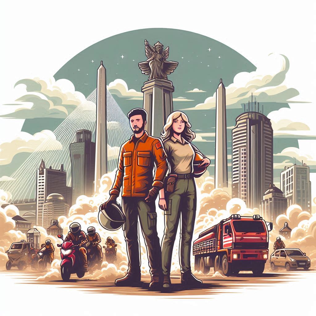 ilustrasi perempuan dan pria berhelm berdiri di tengah debu kota Surabaya dengan ikon-ikon terkenal seperti Tugu Pahlawan dan Jembatan Suramadu di latar belakang