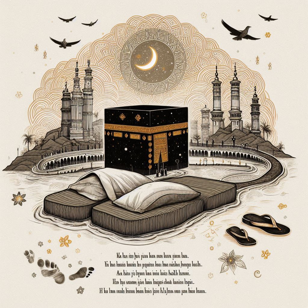 10 - Debu Kurindu poem illustration with sandal prints, Kaaba, and a sense of longing